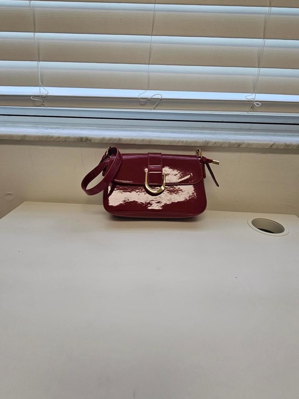 Patent Leather Shoulder Bag in Deep Red with Gold Accent (With Free A GIFT)